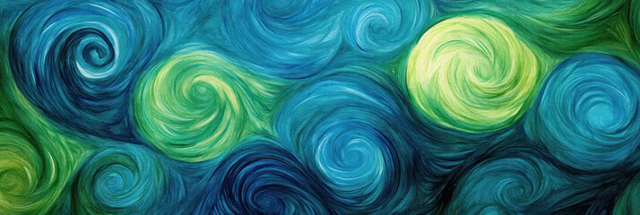 Swirling patterns in shades of blue and green create vibrant abstract design. dynamic movement evokes sense of energy and fluidity