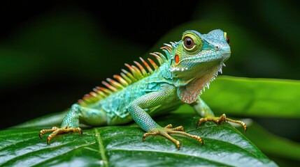Fototapeta premium Vibrant Green Lizard on Lush Leaf: A Close-Up of Nature's Colorful Creature