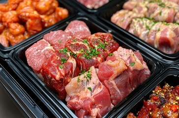 Freshly Cut Meat Selections Arranged in Black Plastic Containers with Garnish, Ideal for Culinary Use, Barbecues or Meal Preparation, Showcasing Quality Cuts and Varied Textures
