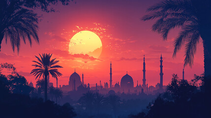 Obraz premium Sunset over a cityscape during Ramadan with silhouettes of mosques and palm trees
