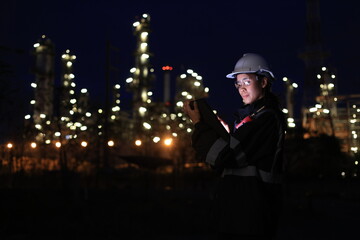 A female chemical worker in safety gear uses a digital tablet and walkie-talkie at a brightly lit refinery at night