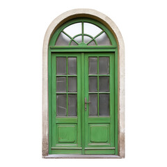 Fototapeta premium Clear glass green door, minimalistic design, transparent background, ideal for web graphics, modern architecture themes, versatile usage