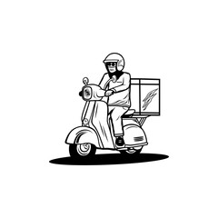 motor scooter rider delivers packages black and white vector line art