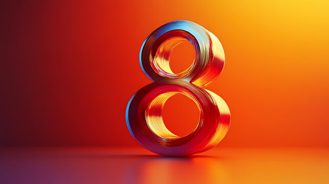 highly detailed number 8 with a glossy metallic finish on a vivid gradient background blending red and gold