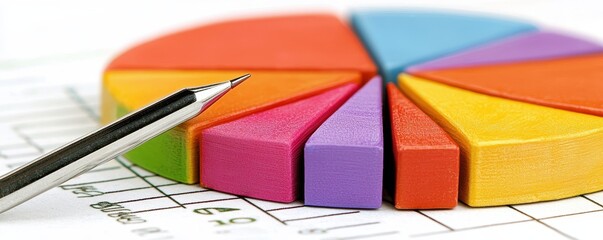 A colorful pie chart with a pen nearby, representing data analysis and visualization.