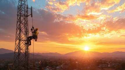 A technician climbs a telecommunications tower at sunset, surrounded by colorful skies and distant mountains, showcasing the blend of technology and nature.