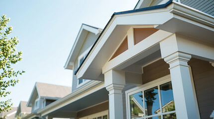 Close-up view of a house's porch, showcasing white columns, a light grey facade, and a detailed roofline.  Other houses are visible in the background, suggesting a residential neighborhood.