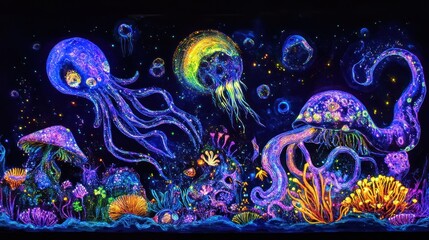 Fototapeta premium Glowing jellyfish, octopus, and mushrooms in dark fantasy underwater scene.