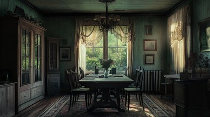 Naklejka premium Sunlit dining room in an antique, dark green house with aged furniture and window.