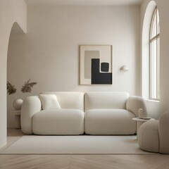Minimalist interior design, curved archway, white textured walls, cozy cream sofa, circular wall art, monochromatic color scheme, soft lighting, abstract wall sculpture, rounded shapes, contemporary a