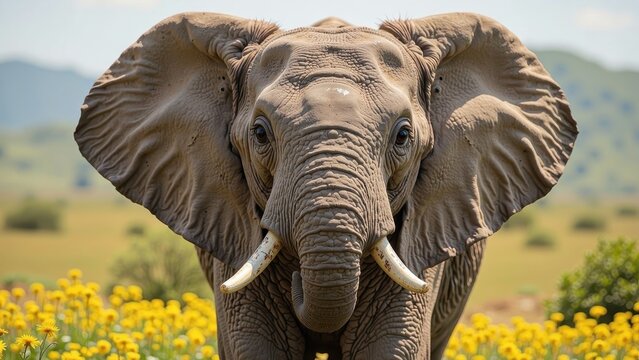 A majestic African elephant gazes forward with warm, light-brown skin and gleaming white tusks, adorned with subtle red markings that dance across its cheeks