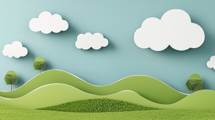 Paper Cut Landscape with Hills, Clouds, and Trees in Light Blue Sky