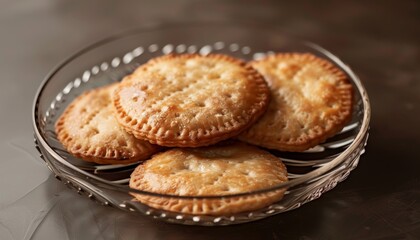 Close-up shot of four golden-brown, round, flaky pastries on a glass plate.