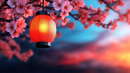 Obraz premium Red Lantern Hanging Among Cherry Blossom Flowers at Sunset