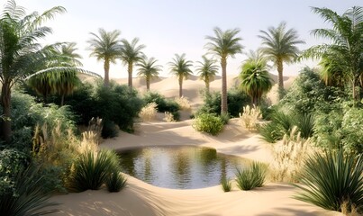 Fototapeta premium Oasis, desert, palm trees, sand, waterhole, vegetation, sunlight.