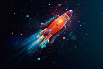 Naklejka premium A futuristic rocket shoots through a starry black background with bright blue trails. AI generative. .