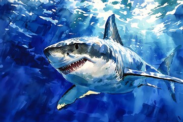 Fototapeta premium Abstract Watercolor Painting of a Great White Shark Swimming in the Ocean Depths.