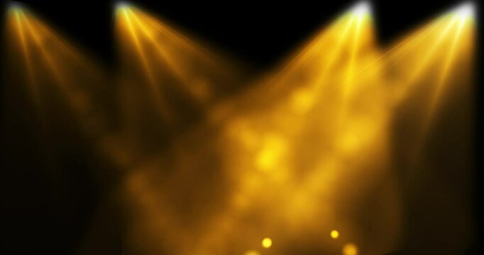 Stage spotlight moving loopable overlay template clip 4K. Big spot light shining brightly in dark bg illuminating the scene from the top. Music concert light effect. Flashlights fashion event runway.