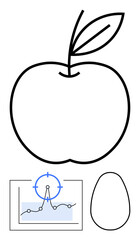 Apple outline with leaves, growth chart showing trends, focus point for accuracy, and abstract egg shape. Ideal for health, growth trends, minimalism, data analysis, wellness nature abstract line