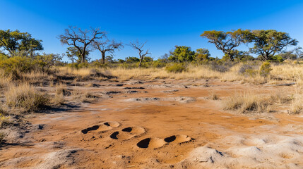 Ancient dinosaur footprints preserved in cracked dry mud with sparse vegetation under clear blue...