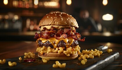 A juicy cheeseburger topped with bacon, macaroni and cheese, and a creamy sauce, sits on a wooden board with pasta scattered around it.