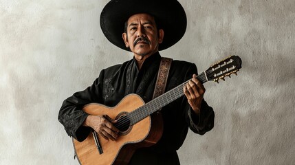 Obraz premium Traditional Mexican Musician in Black Charro Suit Playing Guitar with Confidence