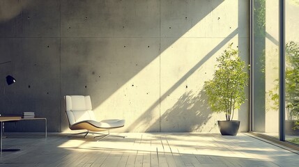 Modern minimalist interior design with concrete walls, sunlit room, and comfortable chair.