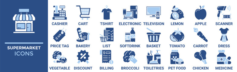 Naklejka premium Supermarket icon set. Containing cashier, cart, tshirt, electronic, television, lemon, apple, scanner and more. Solid vector icons collection 