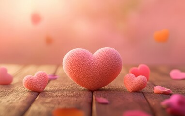 Obraz premium A heart-shaped object rests on a rustic wooden table, elegantly surrounded by vibrant petals, evoking the essence of love and romance on Valentine's Day.