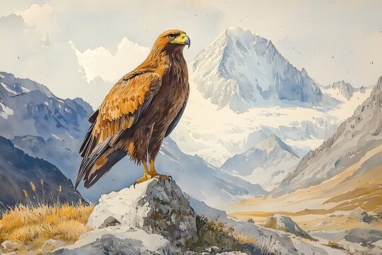 Majestic Golden Eagle Perched on a Rock Against a Breathtaking Mountain Range.