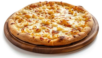 A delicious mac and cheese pizza with melted cheese and pasta on a wooden board.