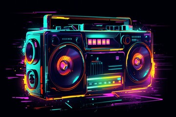 Neon-colored vintage boombox with glowing speakers on a dark background. AI generative. .