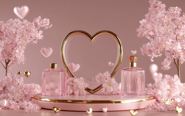 Two elegant perfume bottles rest atop a tray, reflecting love in a heart-shaped mirror, perfect for a romantic Valentine's Day celebration.