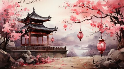 A serene scene of a Japanese garden with a pavilion and cherry blossoms