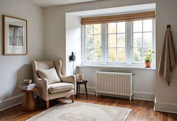 Fototapeta premium Inviting Rustic Cabin Reading Nook with White Walls, Cozy Armchair, and Natural Light: Your Ultimate Sanctuary for Relaxation and Reading