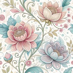 Vintage floral pattern with pastel blooms and leaves, Seamless floral pattern featuring intricate pastel blooms, swirling stems, and leafy accents, perfect for elegant, vintage-inspired, and artistic 