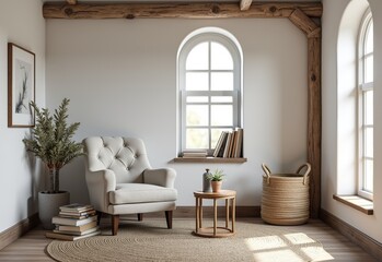 Stylish Rustic Reading Nook with White Walls, Cozy Armchair, and Warm Decor: Perfect for Book Lovers Looking to Enhance Their Cabin Experience