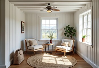 Fototapeta premium Chic Rustic Cabin Reading Nook with Bright White Walls and a Plush Armchair: An Inviting Space Designed for Comfort and Relaxation While Reading