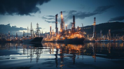 Naklejka premium A large industrial area with many ships and a large oil refinery