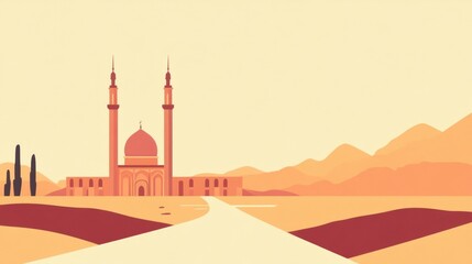 Mosque, desert landscape, path, sunset, travel, illustration, peaceful,  religious, background, tourism