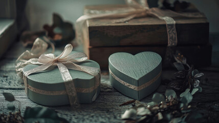 Heart-shaped gift boxes with delicate ribbons on a rustic wooden table, bathed in soft, dreamy lighting for a romantic and elegant atmosphere.