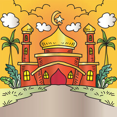 Fototapeta premium Illustration of mosque on a yellow background with palm trees and clouds
