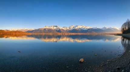 Obraz premium A serene lakeside view with snow-capped mountains reflecting in the calm water at sunrise.