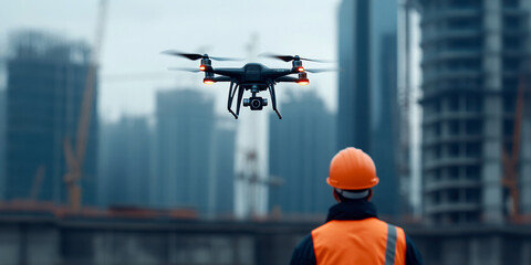 A construction worker in safety gear observes a drone flying over a construction site, showcasing the integration of technology in modern construction and project management.
