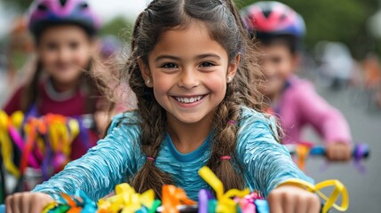 Children riding bicycles with colorful streamers in a park joyful outdoor activity bright daylight fun atmosphere