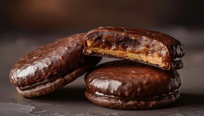 Three chocolate-covered cookies with caramel filling stacked on a dark surface, with one cookie broken open to reveal the caramel filling.