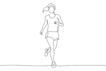 Woman Runner One Line Drawing. Running Abstract Minimal Drawing. Continuous One Line Woman Run Sport Illustration. Modern Trendy Contour Drawing. Vector EPS 10.