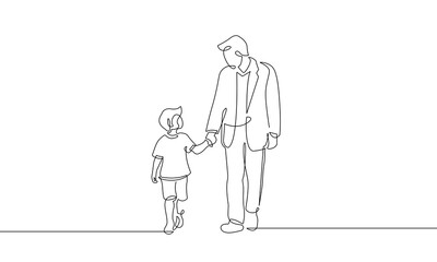 Happy Family Continuous One Line Drawing. Father and Son Walking Together Single Line Drawing Minimalist Illustration. Happy Father`s Day Vector Illustration