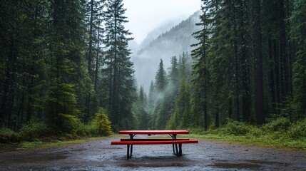 Obraz premium Empty red picnic table in a misty, rainy forest.