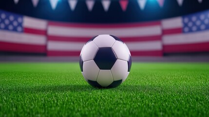 Naklejka premium Soccer Ball on Grass with American Flags in Background Decor